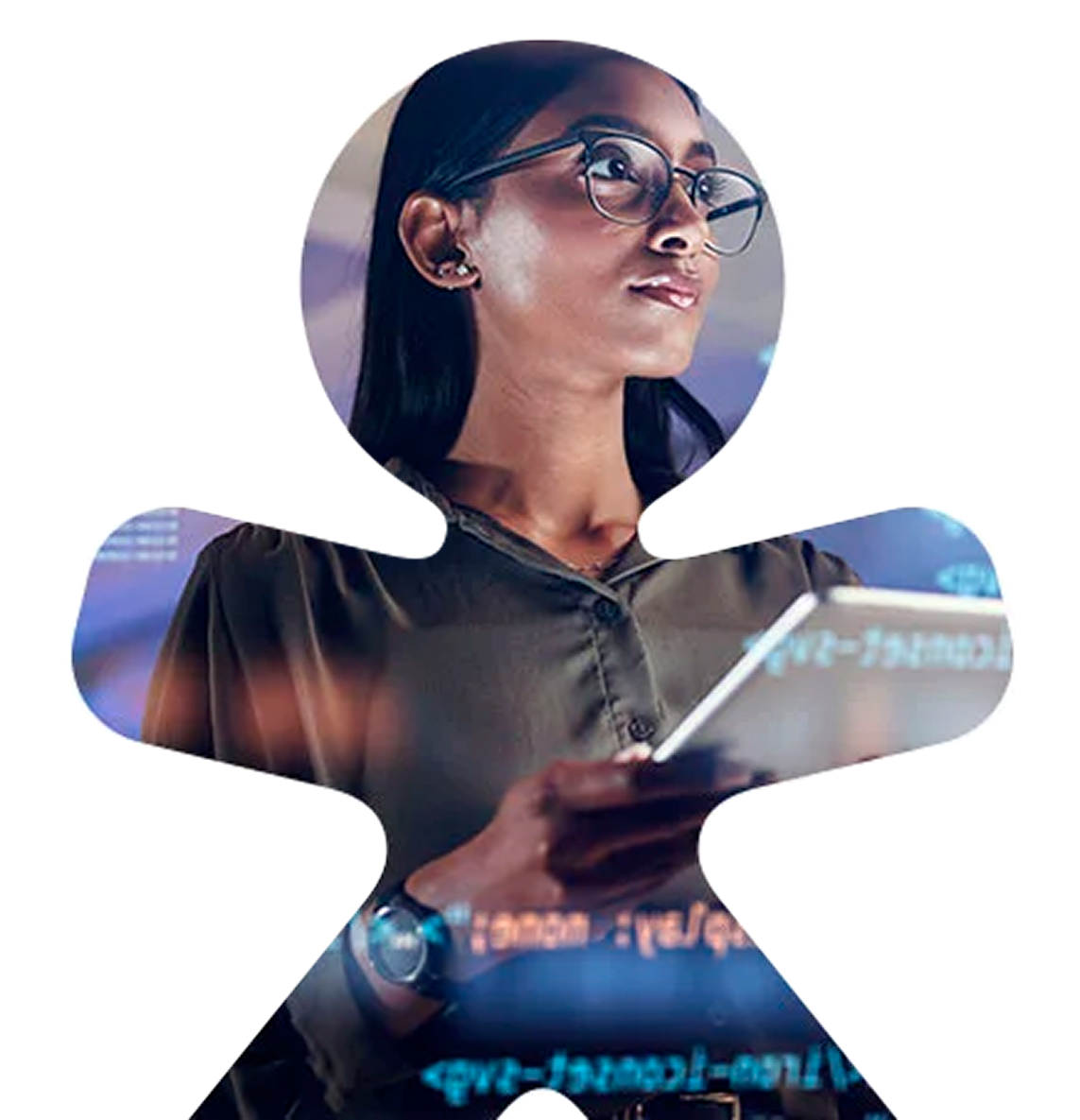 Profissional utilizando tablet com interface digital representando soluções de software e gestão tecnológica da Vivo Vita