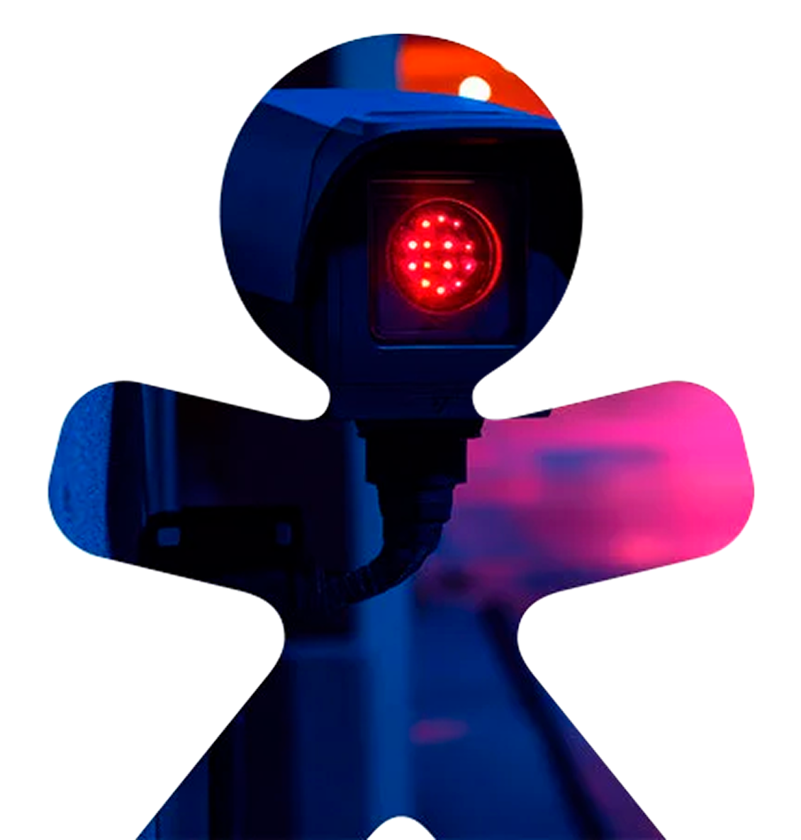 Câmera de monitoramento com iluminação tecnológica representando soluções de segurança eletrônica e vigilância da Vivo Vita